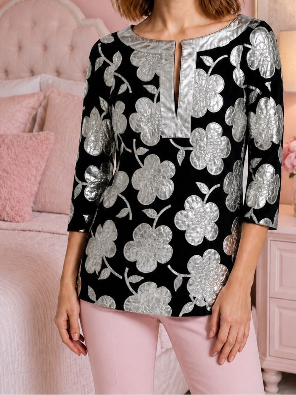 Tory Burch Rochelle Metallic Silver and Black Floral Tunic Blouse size 2